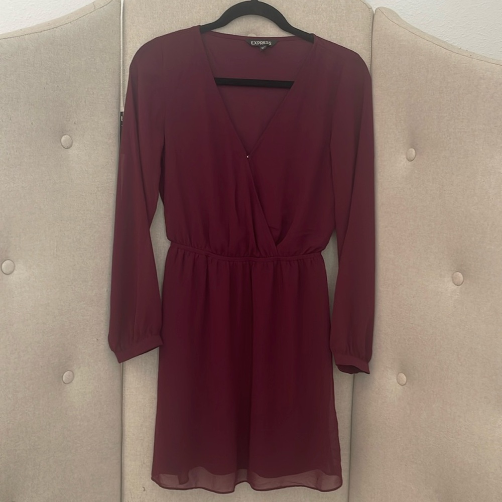 Express Burgundy Long Sleeve V Neck Elastic Waist Faux Wrap Dress XS
